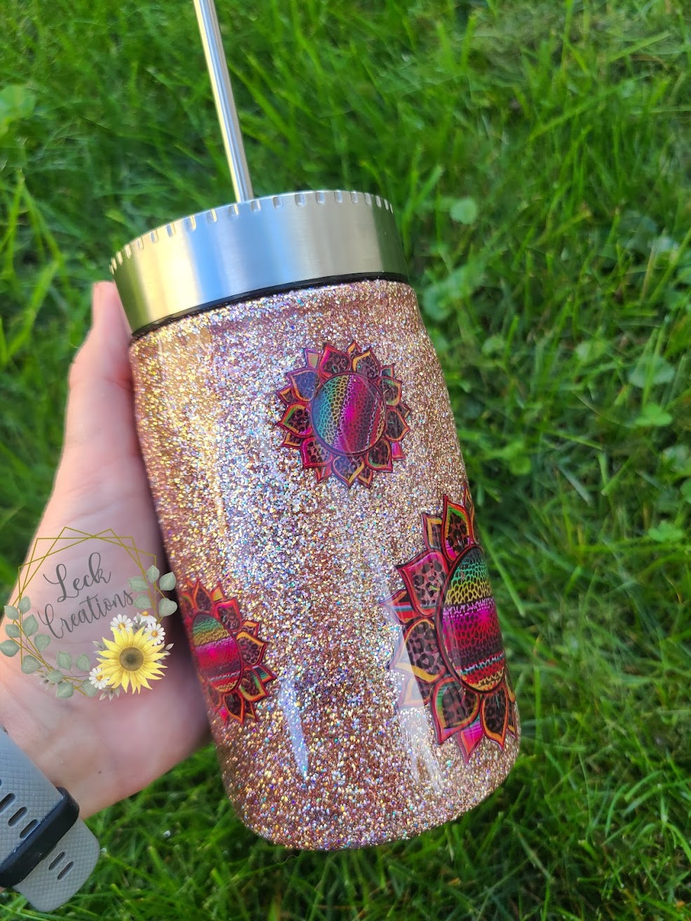 RTS 17oz Leopard Print Sunflower Mason Jar