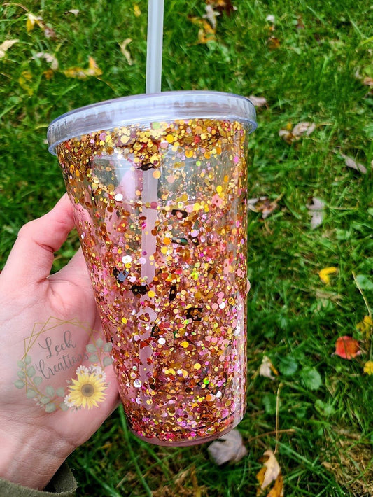 RTS Coffee Gold/Pink Glitter 16oz Acrylic Flow Tumbler