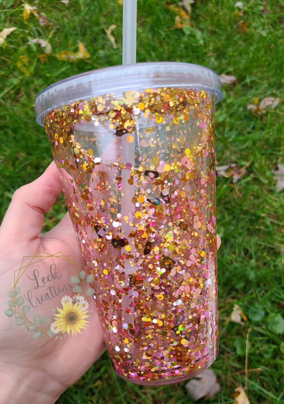 RTS Coffee Gold/Pink Glitter 16oz Acrylic Flow Tumbler