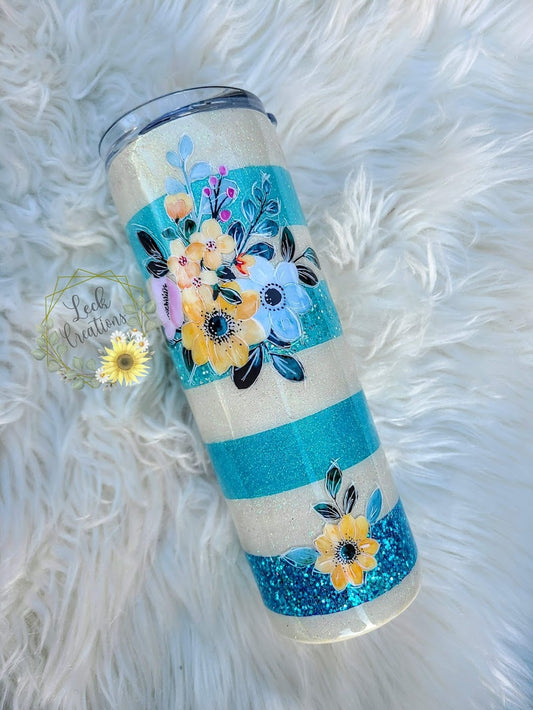 RTS 20oz Skinny Blue Stripe Floral Tumbler
