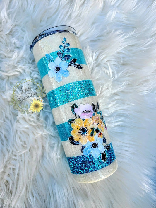 RTS 20oz Skinny Blue Stripe Floral Tumbler