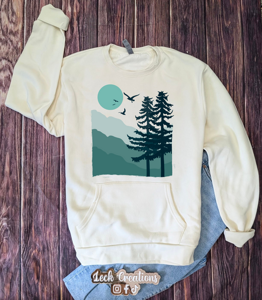 Abstract Tree Mountain Next Level Crewneck WITH Pocket