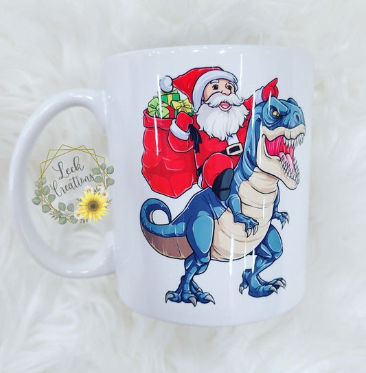 Santa Riding Dinosaur Ceramic Mug